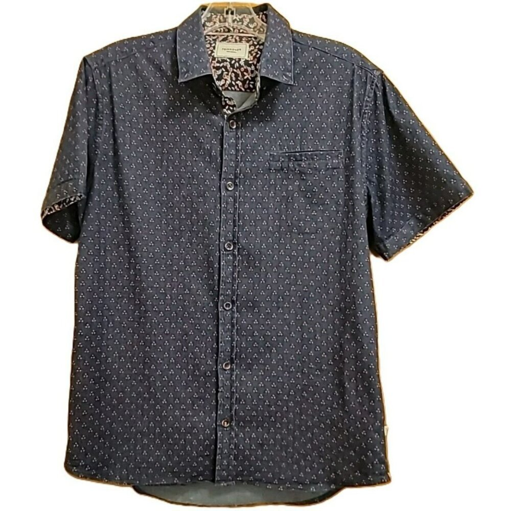 7 Diamonds Shirt L‎  Blue Denim Cotton  Stretch Button-Up  Short Sleeve Mens